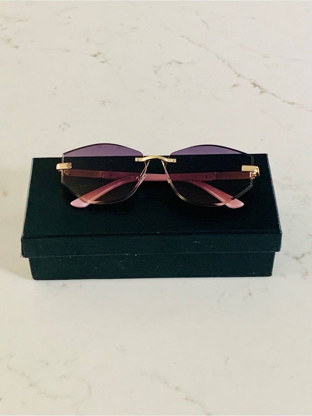 Trendy Unisex Rimless Octagon Sunglasses Gold Metal Geometric Pink Purple Tint